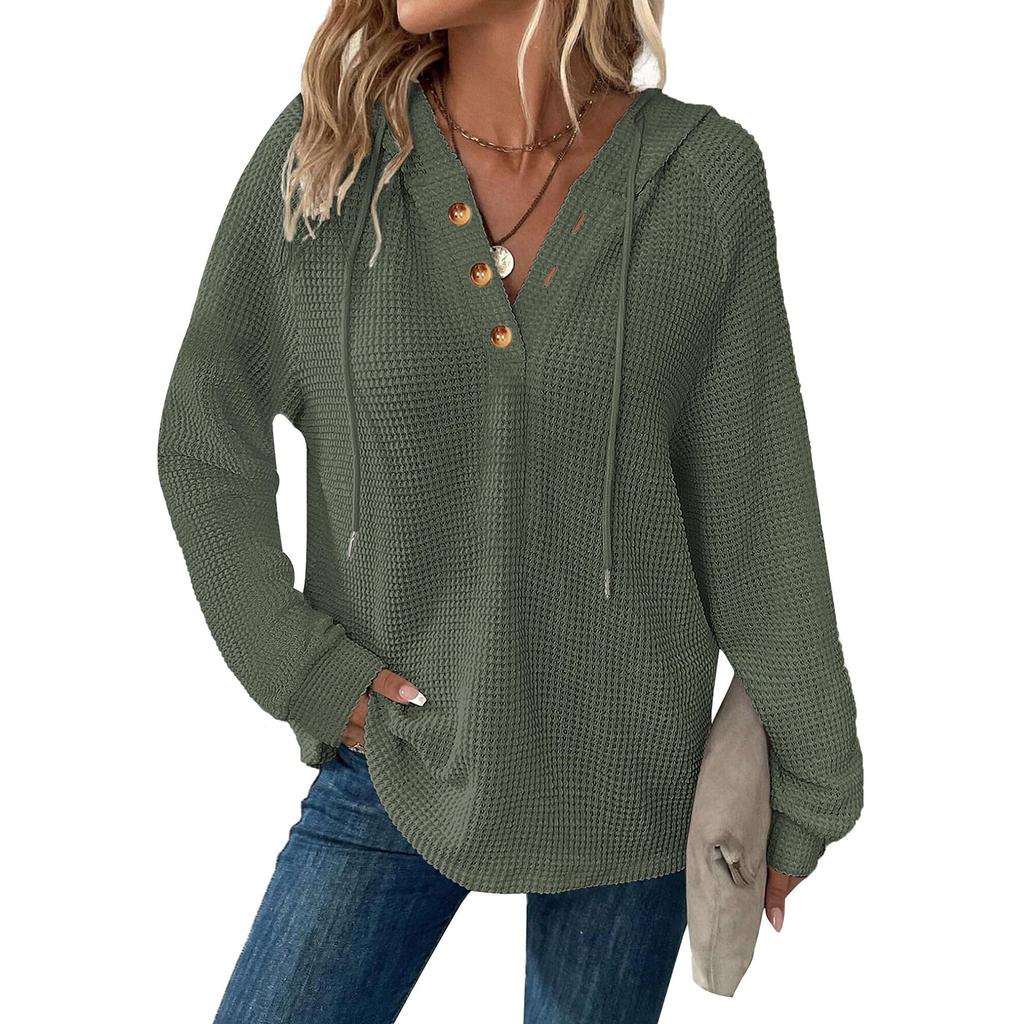 Women's Fashion Long Sleeve Drawstring Hooded Button V-neck Casual Hooded Sweatshirt Top