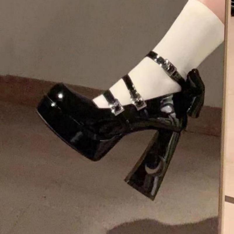 Spring Punk Thick Heel Mary Jane Lolita Shoes Woman Patent Leather Cosplay Shoes Y2k Chunky Platform High Heels Pumps