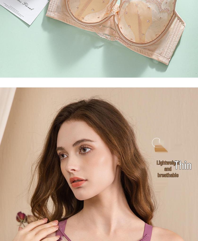 French Style Ultra-Thin Breathable Large Bust Minimizing Push-Up Bra with Soft Underwire and Rabbit Ear Crystal Cup