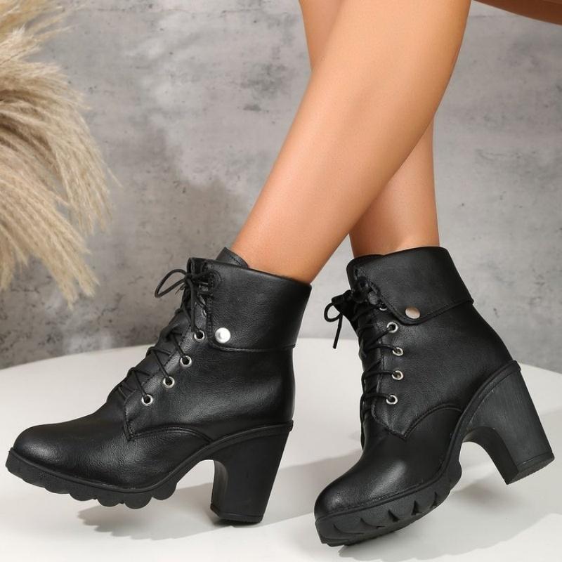 Fashion High Heels Women Ankle Boots Lace Up Spring and Fall Platform Ladies Boots Large Size 40 41 42 Fashion Leather Shoes Black Brown
