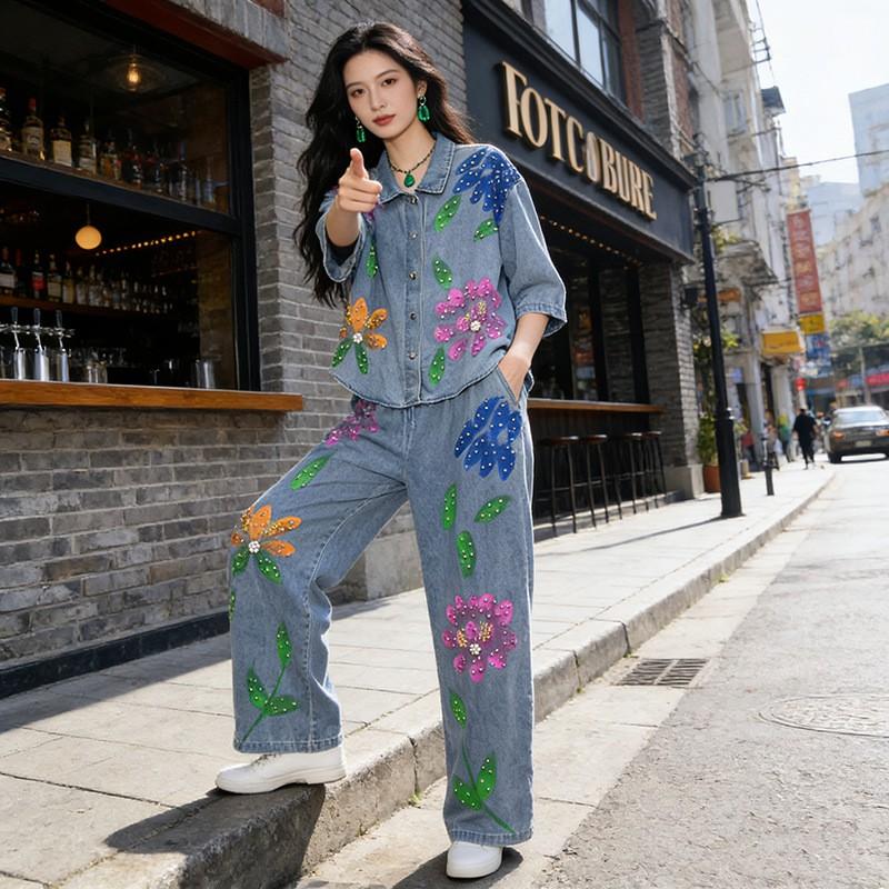 Womens Denim 2-Piece Set Sequin Embroidered Shirt Relaxed Pants 2026 Casual Outfit
