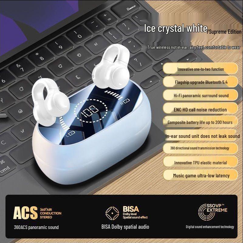 

Bluetooth Bone Conduction Clip-On Earbuds with Smart Display & Extended Battery