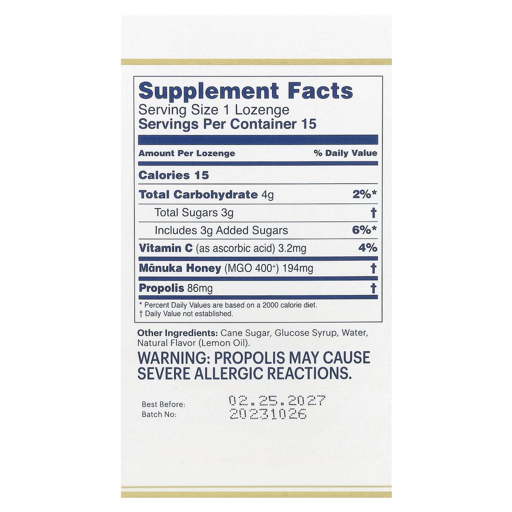 Manuka Honey Lozenges, Propolis Lozenges, 15 Lozenges
