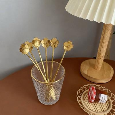 5 pièces Cuillères à Glace Accessoires de Cuisine Ménagers Cuillères à Café à Thé en Acier Inoxydable Cuillère à Dessert Café Florale Cuillère à Thé à Long Manche
