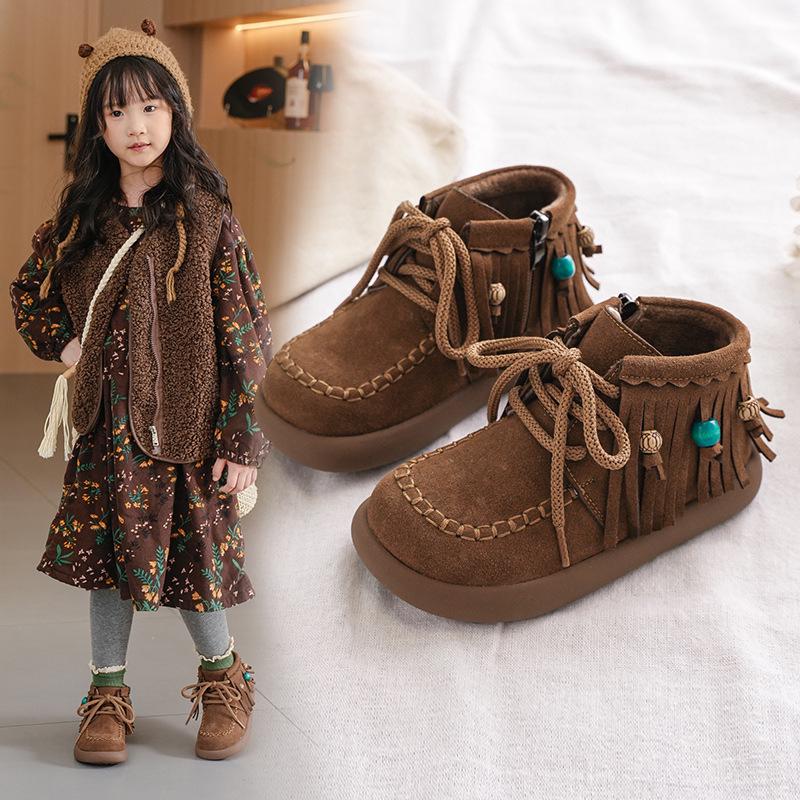 2025 Mädchen Retro-Stil Wildlederstiefel mit Perlenquaste - Herbst/Winter-Kollektion