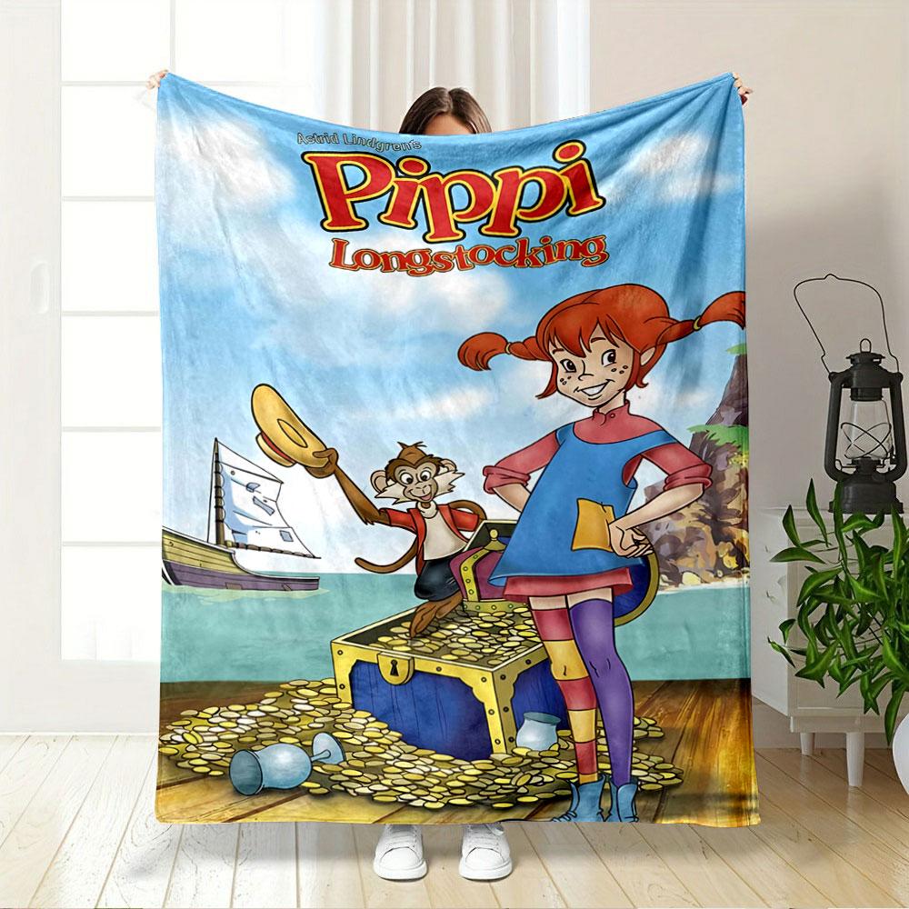 A Cheerful Red-haired Girl with Striped Stockings Stands by Treasure. for All Seasons Blanket Lunch Break Throw Gift