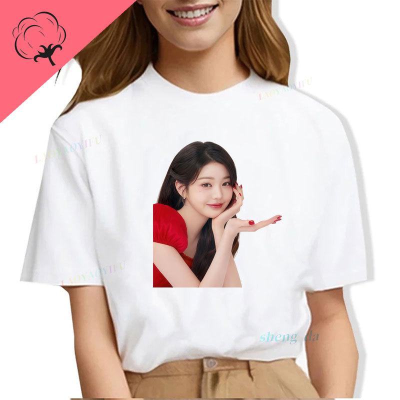 Korea Famous Star Jang Wonyoung Portrait Fans Shirt Trendy Casual Popular Fashion Pure Cotton Short Sleeve Camisa Y2k Clothes
