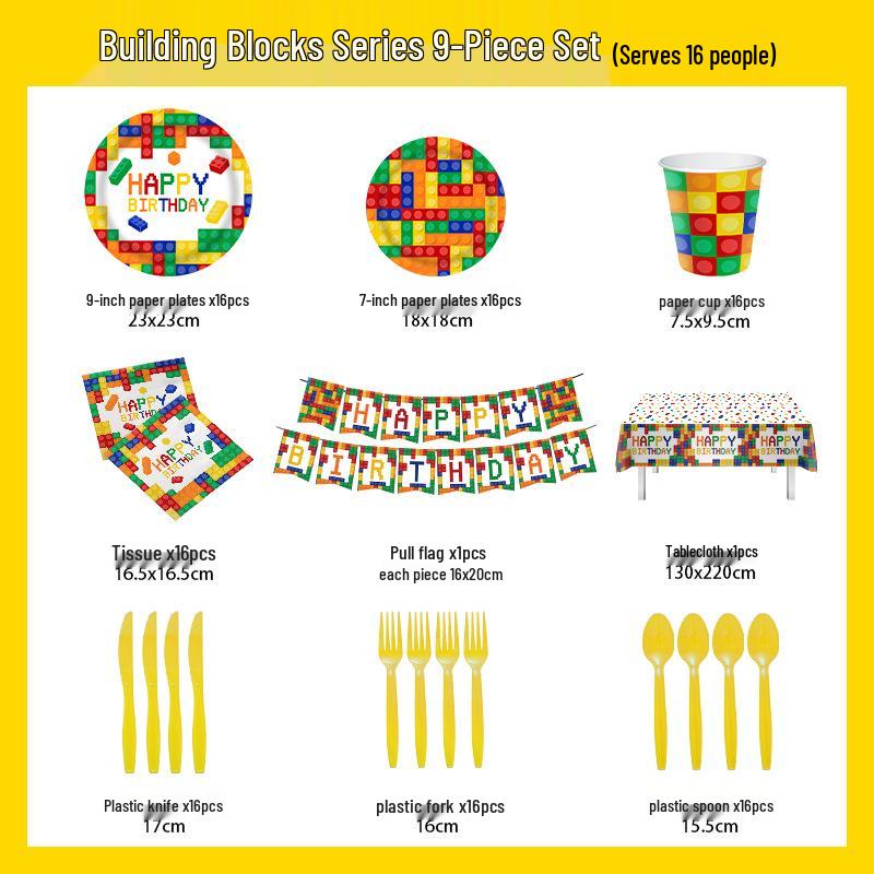 Colorful Lego-Themed Party Plates, Cups, and Napkins Set for Kids