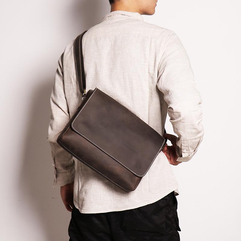 New Retro Handmade Men's Shoulder Bag, Cowhide Crossbody Bag, Casual Crazy Horse Leather Men's Bag, Genuine Leather Mailman Bag
