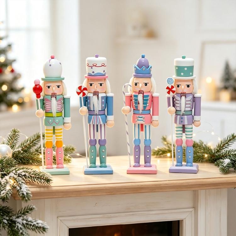 Entry Table Holiday Decors Nutcrackers King Figurine Set, 4 Wooden Candy Colored Freestanding Ornament for Christmas Shelf Styling, Mantels Accent
