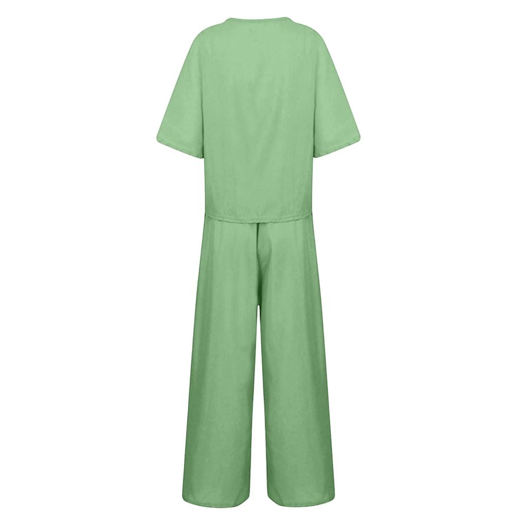 Women's Casual Mid Sleeve Low Round Neck Loose Wide Leg Long Pants Set