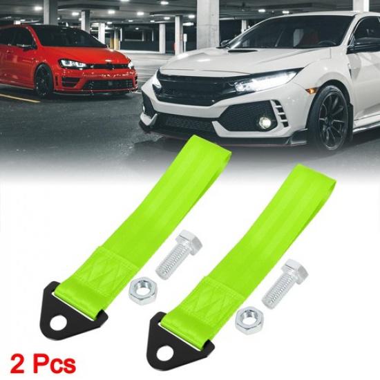 2pcs Fluorescent Green Universal Car Tow Towing Hook Bumper Trailer Belt Strap