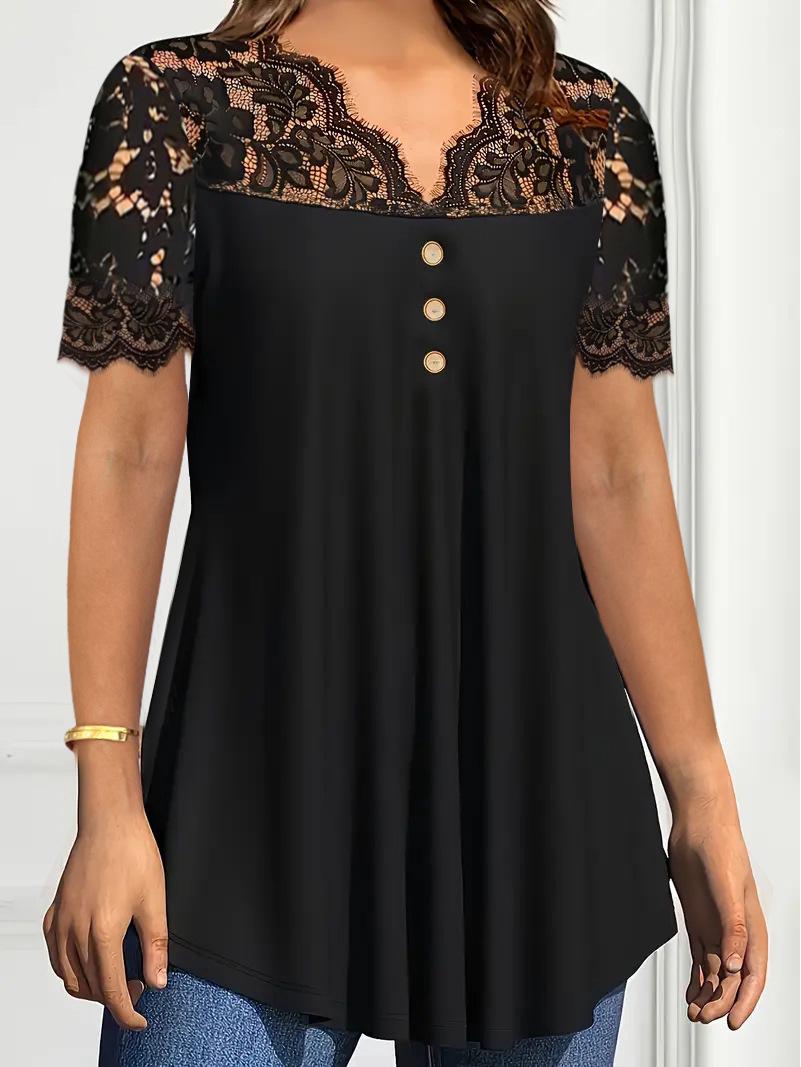 2025 European & American Women s Solid Lace V-Neck Casual Spring/Summer Short Sleeve Shirt X-Large