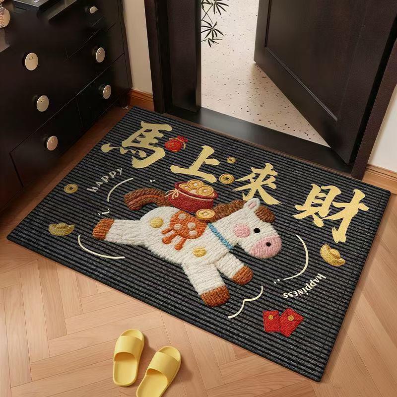New Year Red Cartoon Festive Crystal Velvet Non-slip Entrance Floor Mat - Quick Drying, Wear-resistant, Water-absorbing Foot Pad.