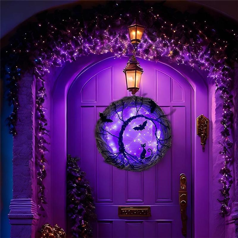 Versatile Halloween Wreaths For Front Door, 11.8Inch Lighted UP Bat And Cat Halloween Wreath With Purple LED Lights Durable