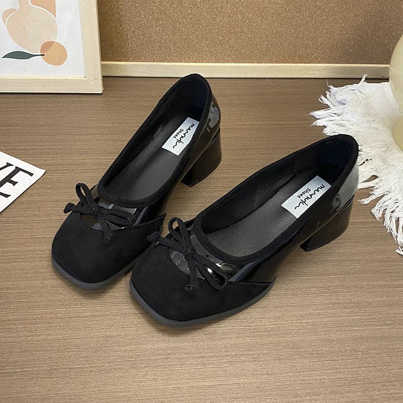 

Французские туфли Мэри Джейн женские осенние новые ретро толстый каблук высокие каблуки бант светлый вырез одинарные туфли балетки маленькие кожаные туфли 35 чёрный