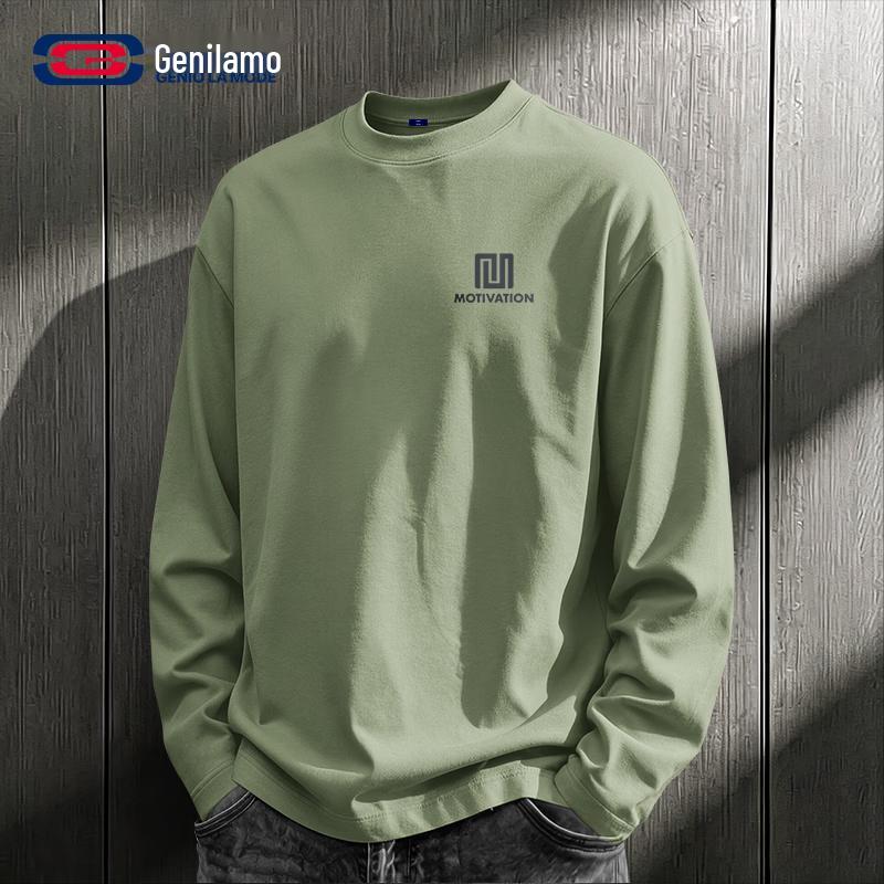GENIOLAMODE Men's Long-Sleeve Heavyweight Cotton Crewneck Tee