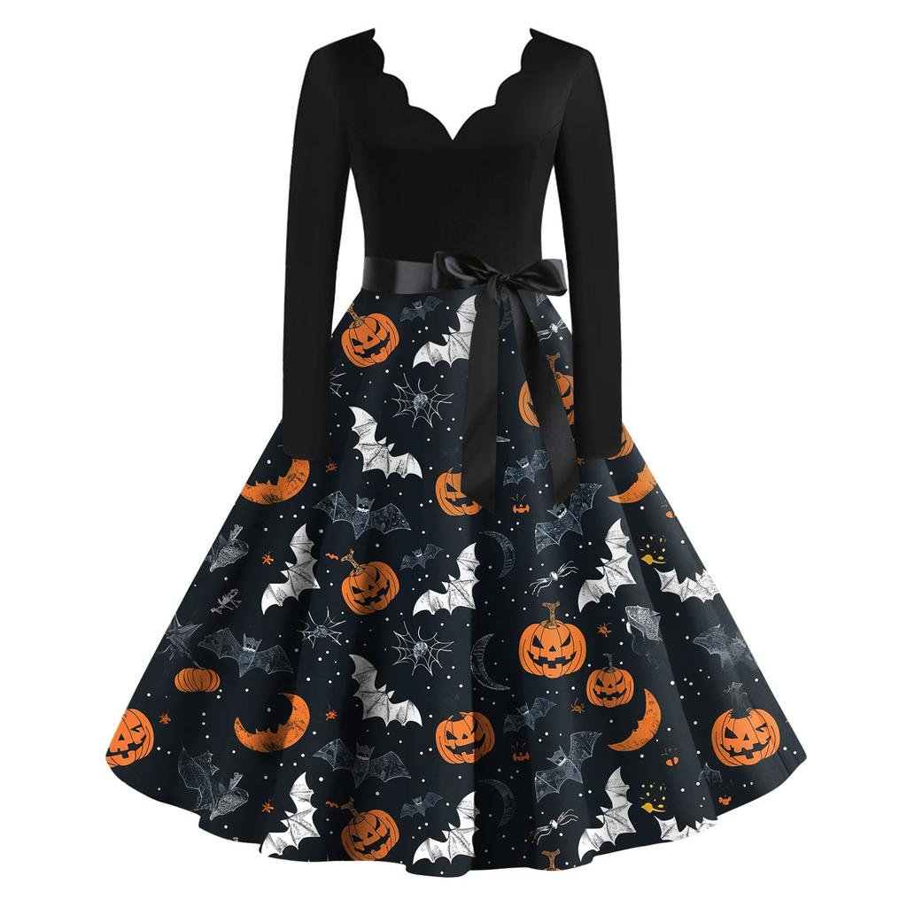 Lässiges Vintage-Kleid mit V-Ausschnitt und Halloween-Print für Damen
