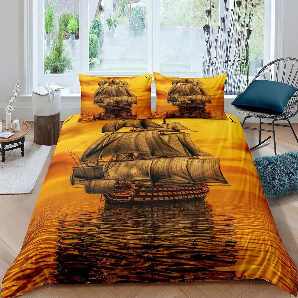 Pirate Duvet Cover Set Queen Sailboat Comforter Set Nautical Ocean Bedding Set Cool Style Quilt Cover Wave Print Decor Bedspread