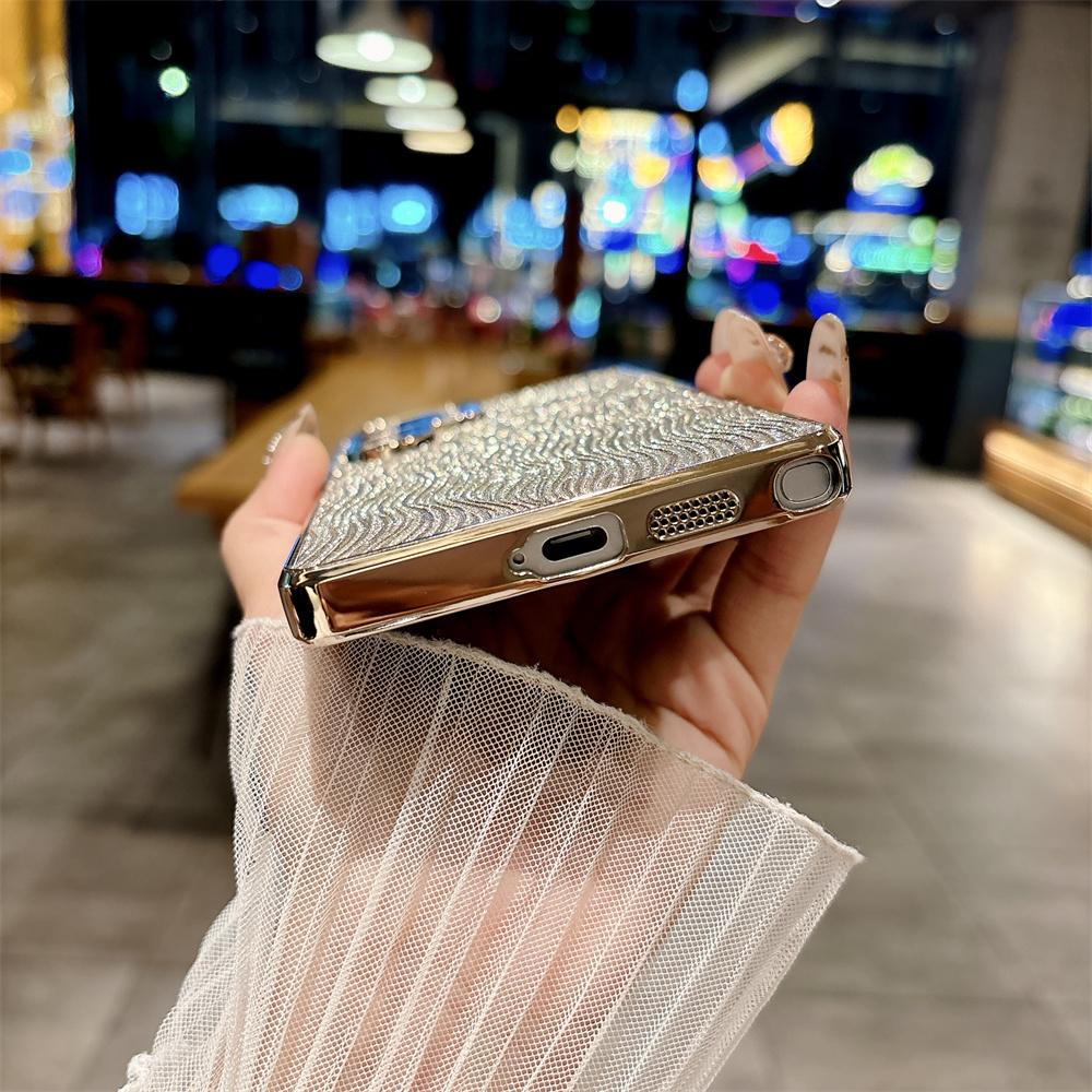 Glitter Water Flow Pattern PU Leather Case for Samsung Galaxy S25 Edge S24 Ultra S23 FE Plating Camera Lens Protection Cover