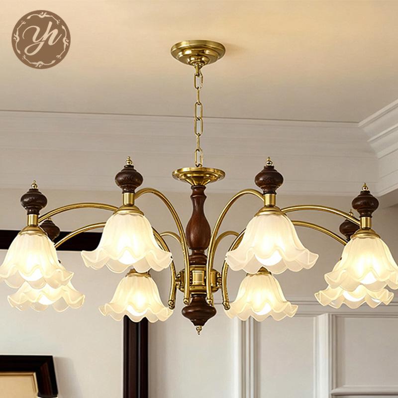 Mid-Century Cream Flower Chandelier with Solid Wood and French Retro Design
