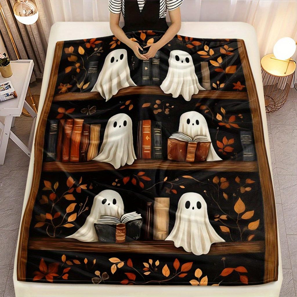 1pc Ghosts Shelf Design Flannel Blanket - Soft & Warm Lightweight All-Season Cozy Throw with Cute Ghosts & Bookshelf Print, Blac