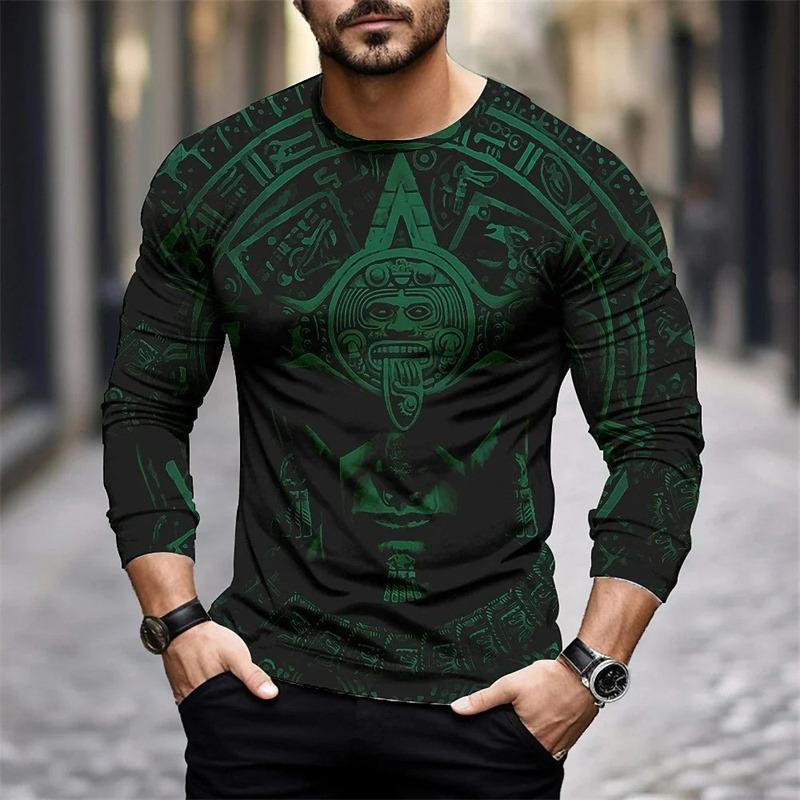 Spring And Autumn Long Sleeve Aztec Graphic Printed T-Shirts Men Street Casual Tops Female Loose Pullover Oversized Clothing Outdoor T Shirts