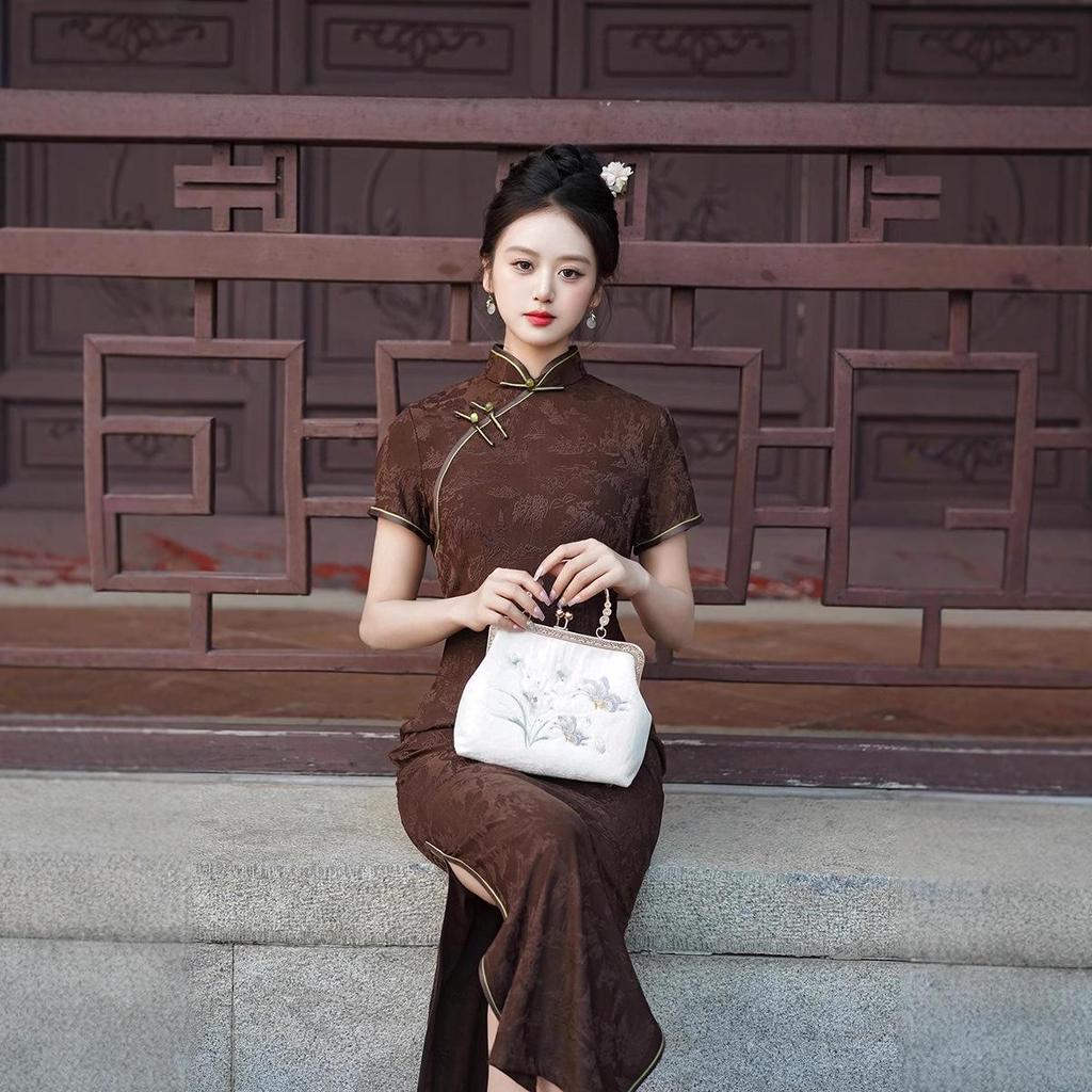 2025 Spring/Summer Red Cheongsam Long Dress - Chinese Style, Short Sleeve Performance Costume