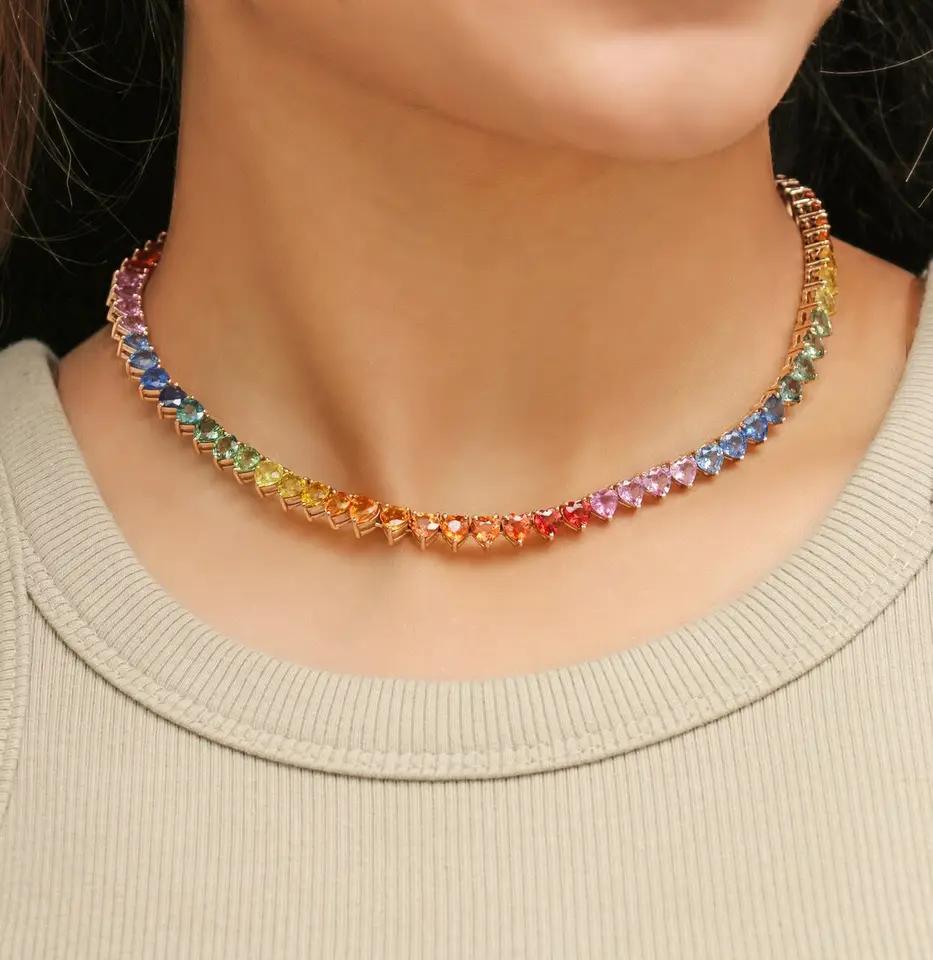 Collana girocollo da donna di lusso, a catena geometrica, a forma di cuore, colorata arcobaleno, con zirconi cubici