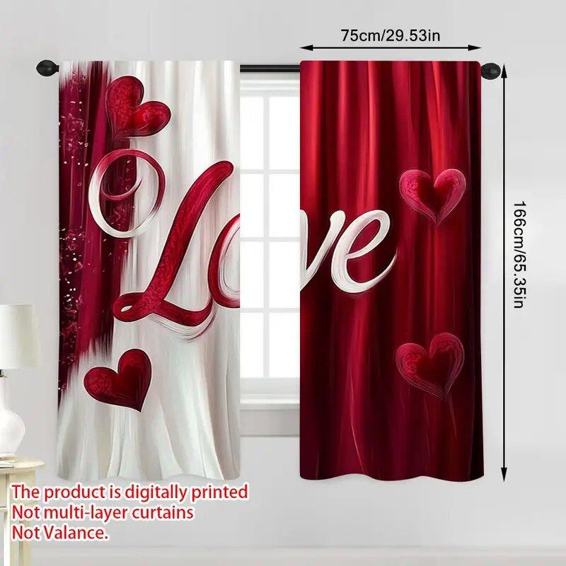 2 Stück - 2D flach bedruckte romantische rot-weiße Musterdruckvorhänge, Fensterdekoration, Heimdekoration, Raumdekoration
