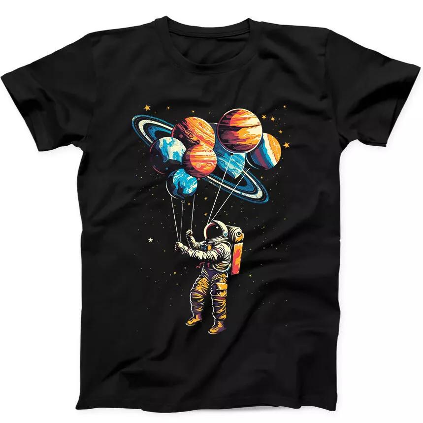 Astronaut in Space Planets Balloons Solar System Funny Gift Black T Shirt 238