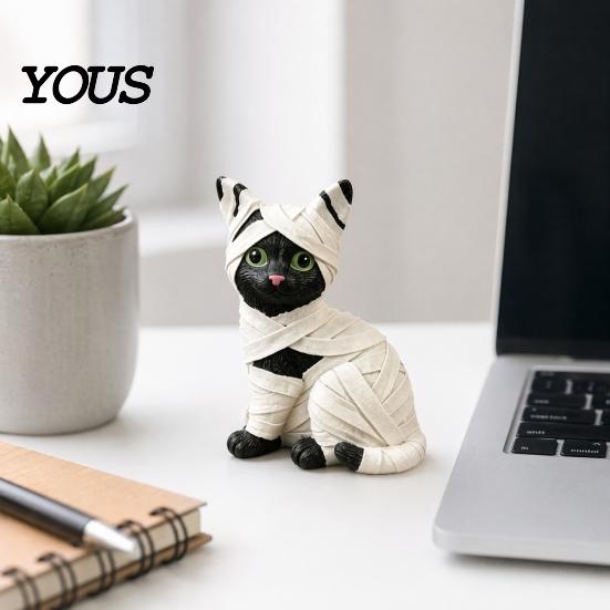 Mini Halloween Figurine Mummy Black Cat Resin Figurine, Kitten Statue with Big Eyes & Wrapped Bandages, Festive Spooky Cute Desk Shelf Ornament