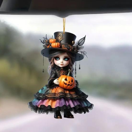Halloween Witch Car Pendant Pumpkin Lanterns Bat Elements Rearview Mirror Ornament Gothic Tabletop Hanging Accessories