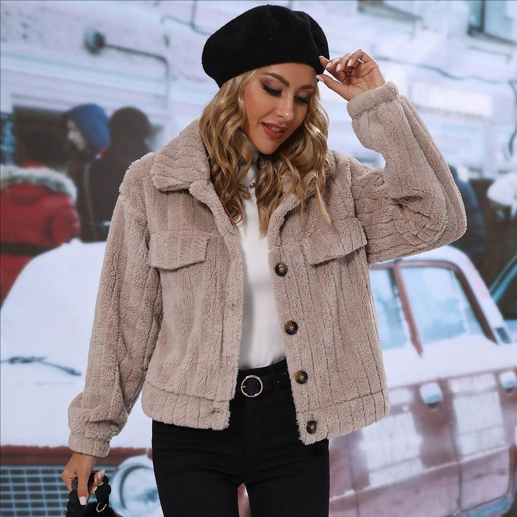 Fall and Winter Women's Lapel Long-sleeved Loose Single-breasted Cardigan Double-sided Plush Short Jacket
