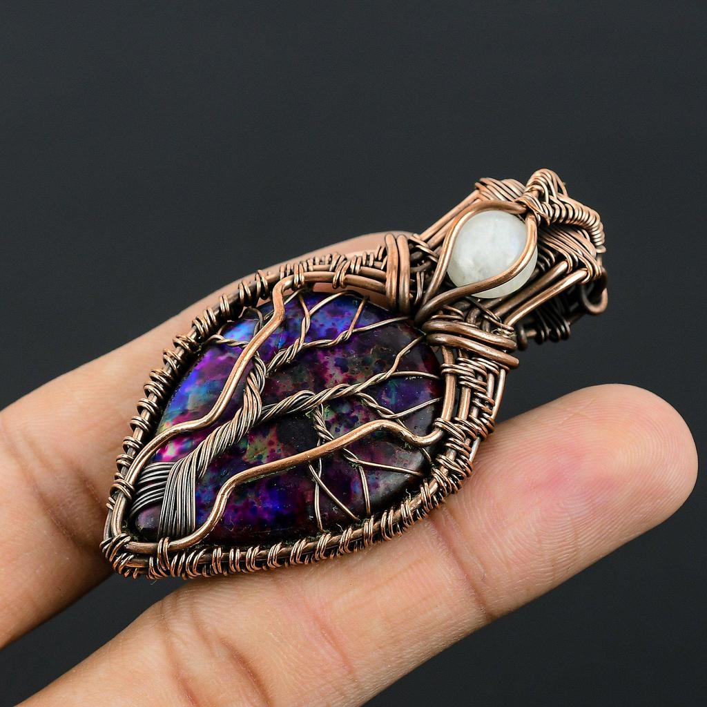 Multi Flash Labradorite & Rainbow Moonstone Pendant, 999 Copper Wire Wrapped Jewelry, Handmade Pendant Gemstone Jewelry