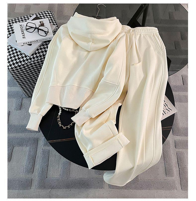 Autumn/Winter Fashion Velvet Hooded Sweatshirt & High-Waisted Wide-Leg Pants Set
