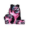 Zwillings-Rosa-Totenkopf-Print Drei-teiliges Rucksack-Set für Jungen und Mädchen Beste Geschenke 2D Flache Cartoon-Schultasche für Kinder