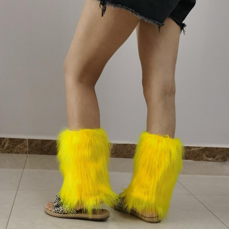 Fuzzy Boot Cuffs Leg Warmer for Women Girl Aesthetic Vintage Solid Color Bright Yellow Plush Leg Cover Knee Length Socks