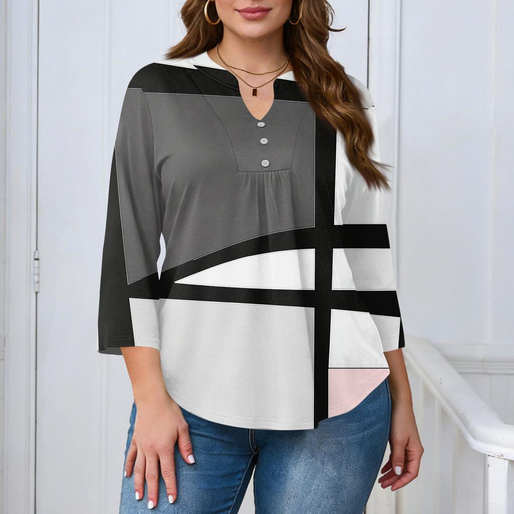 Women's Plus Size Fashionable Casual Loose Fit Three Quarter Sleeve Elegant Button Up V Neck Top