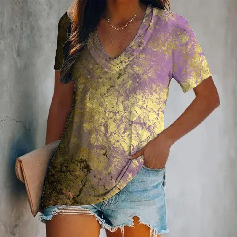 Damen Neues Kurzarm-V-Ausschnitt-T-Shirt mit gedrucktem Farbmuster, Übergroßes Damenoberteil im Y2K-Stil, Atmungsaktives T-Shirt