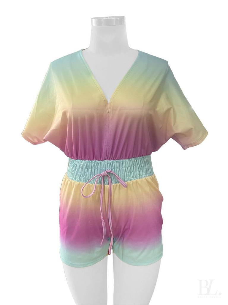 2024 Summer European & American Women's V-Neck Tie Short Sleeve Jumpsuit