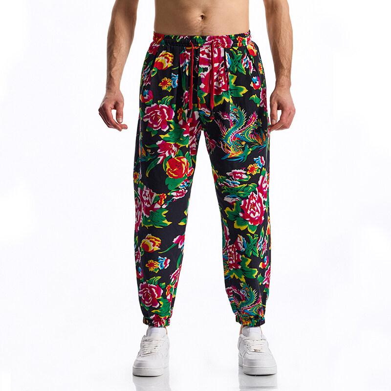 Erkek Günlük İpli Boho Etnik Baskılı Pantolon Açık Hava Aktiviteleri Eşofman Yaz Pamuk Keten Koşu Jogger Eşofman Altı