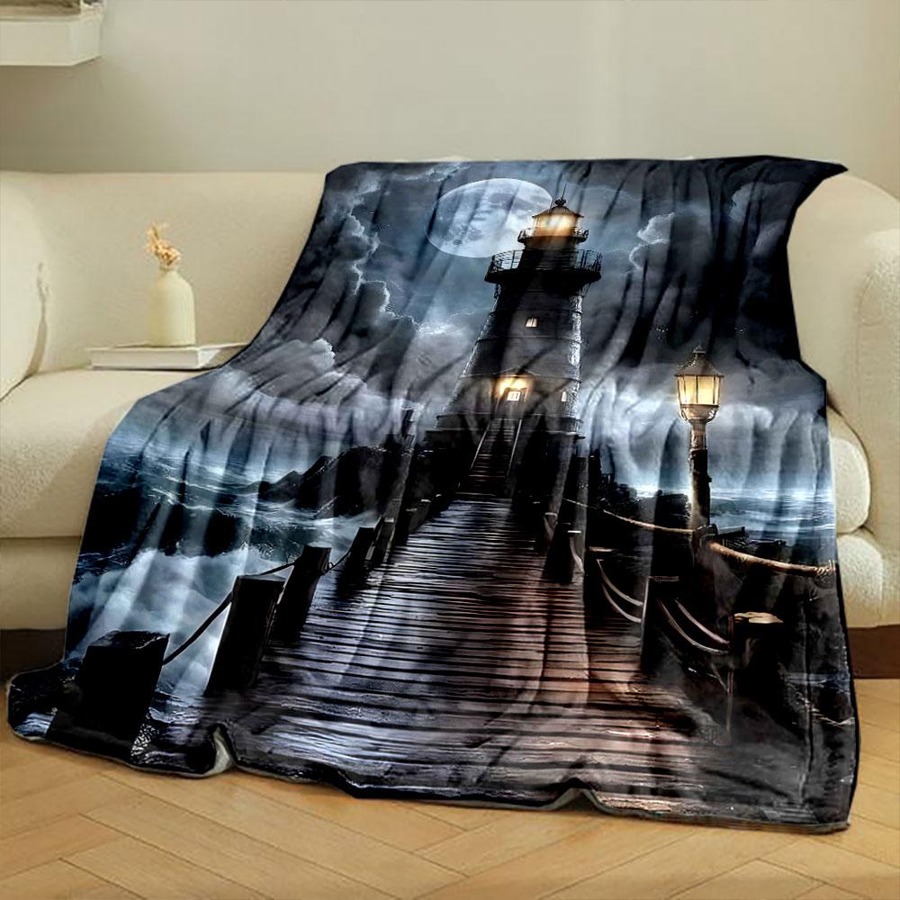 A Lighthouse Illuminates a Wooden Pier Over Rough Seas Under a Full Moon. for All Seasons Blanket Lunch Break Throw Gift