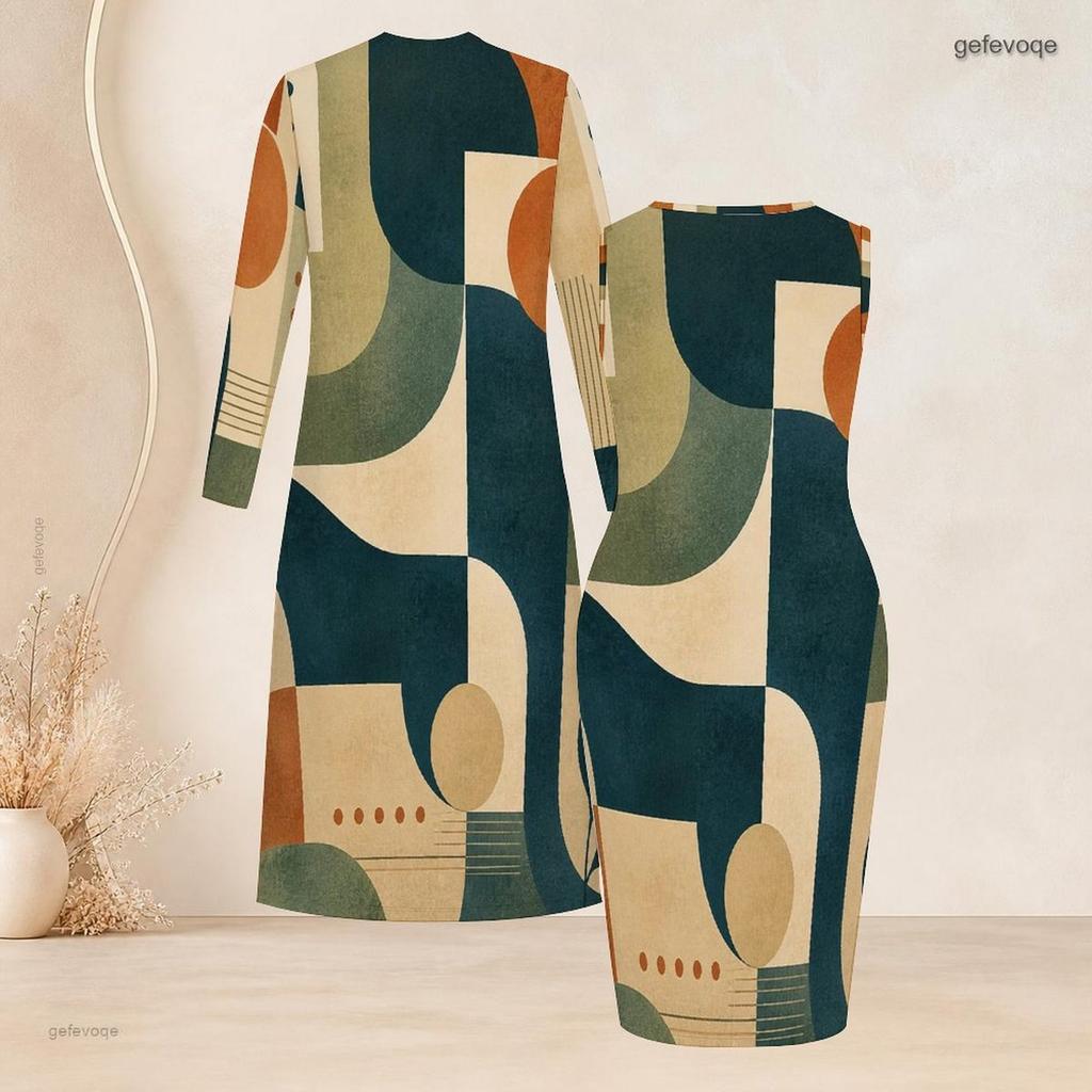 Women Plus Size Two Piece Set Abstract Printed Long Sleeve Open Front Cardigan Sleeveless Bodycon Dress