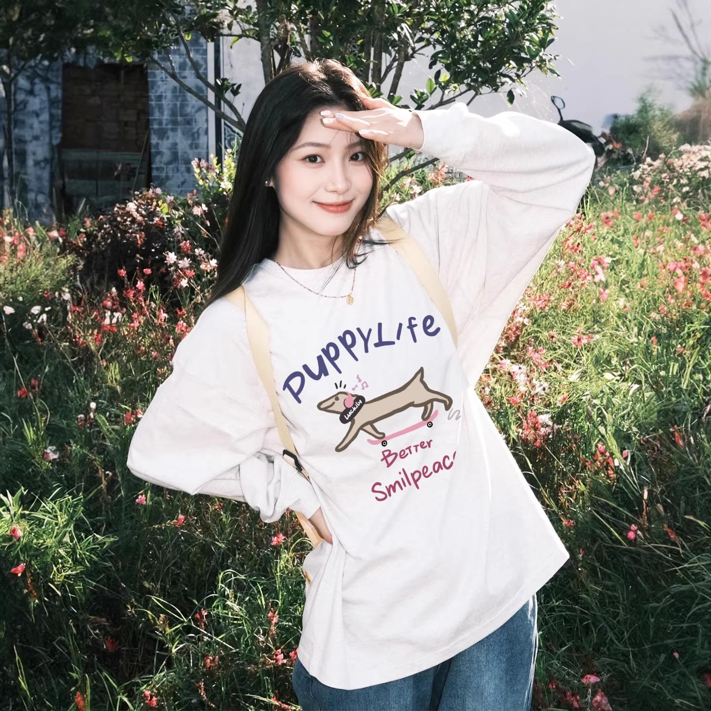 Women s White Korean Style Slimming Long-Sleeve Cotton Drawstring Top - Age-Reducing and Flaw-Covering M