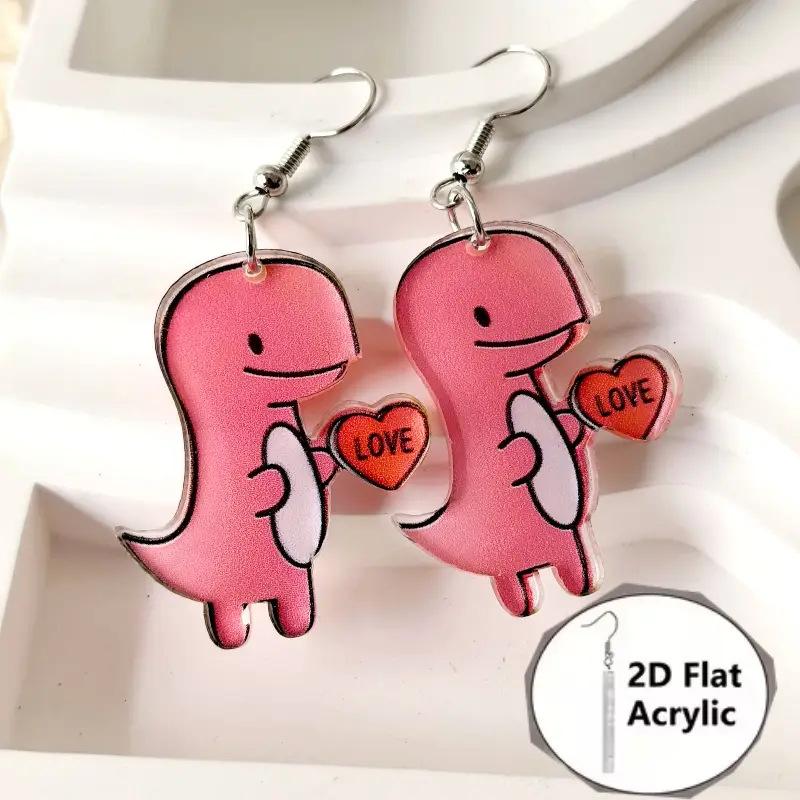 New pink dinosaur hand lift love earrings 2D flat acrylic creative playful cute dinosaur earrings