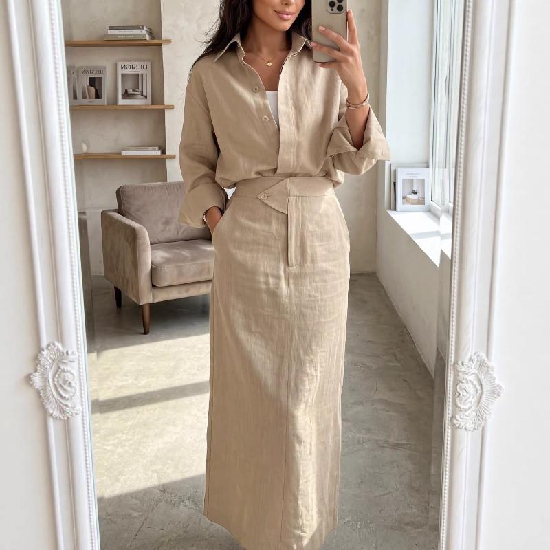 Elegantes Damen-Leinen-Set 2-teilig Bescheidenes Oversized-Hemd mit Knöpfen + Maxirock mit hoher Taille Lässiges schickes Co-ord-Outfit für den Frühling