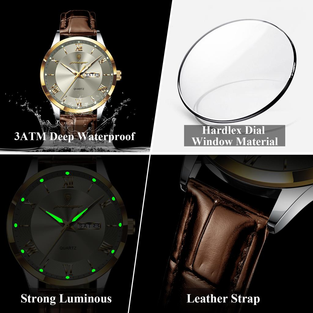 POEDAGAR Original Fashion Men's Watches Leather Date Week High Quality Quartz Men Wristwatch Waterproof Luminous Business Watches For Man Male Reloj
