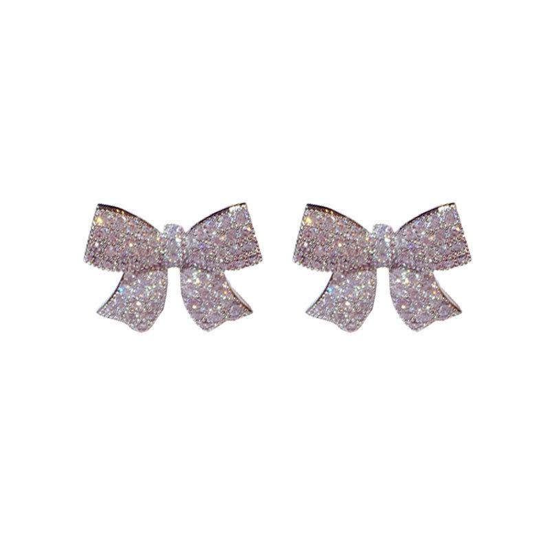 Korean Fashion Zirconia Bow Earrings for Women: Exquisite Silver Dangle Studs, Perfect for a Stylish Look and Internet Celebrity Appeal