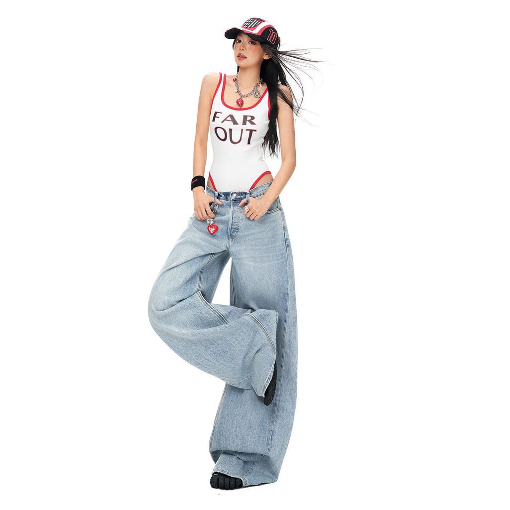 Pure Cotton Scythe Saber Cut Loose Wide Leg Casual Denim Pants For Women Spring Summer Casual Pants Oversize Denim Trousers